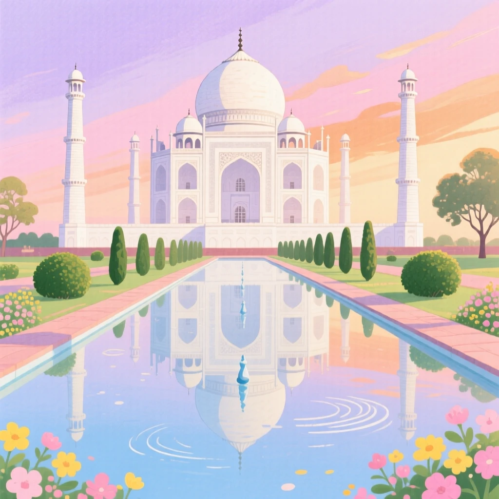 A stunning view of the Taj Mahal reflected in a still garden pool at dawn.