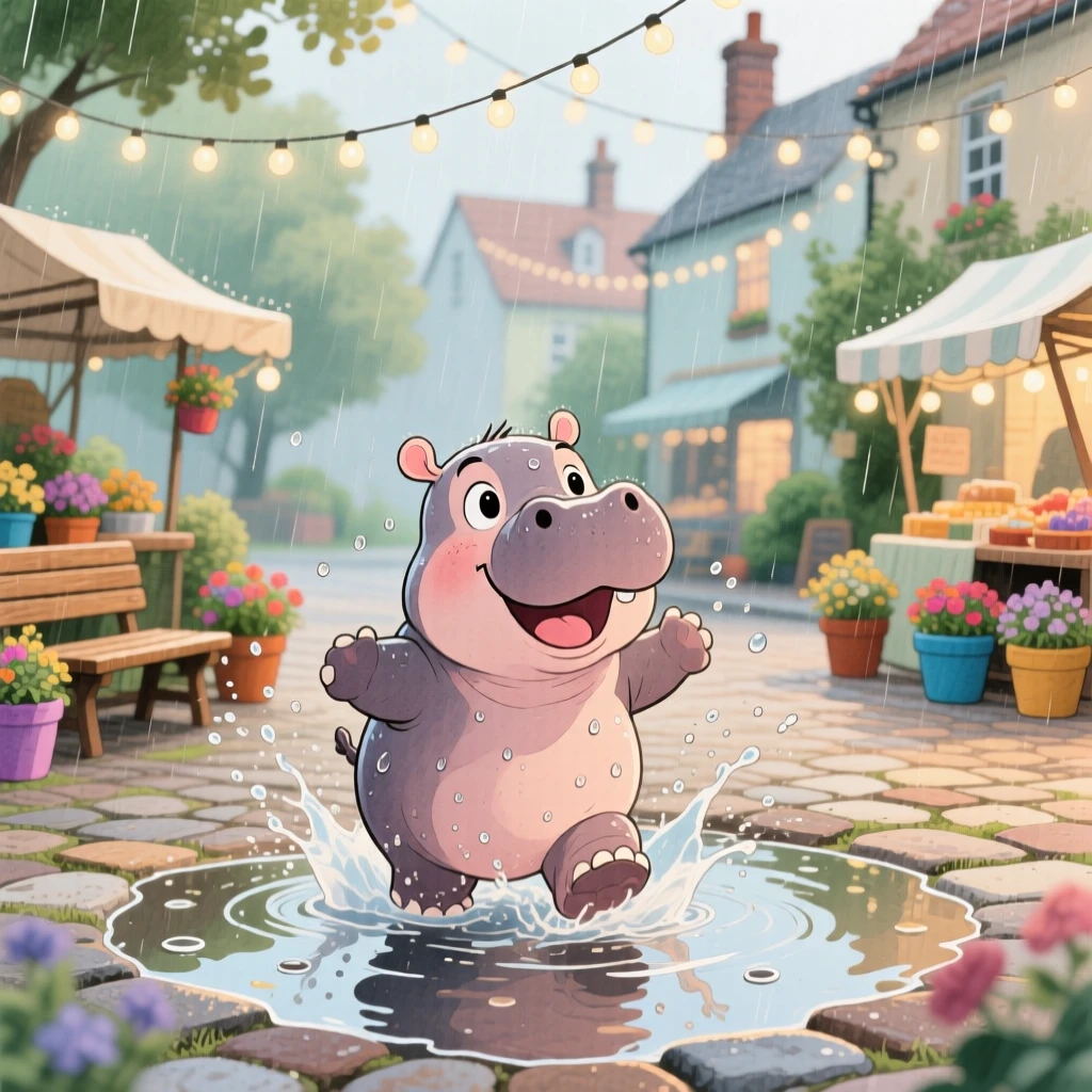 A baby hippo splashing happily in a puddle after rain, set in a village square decorated with fairy lights, radiating pure innocent joy.
