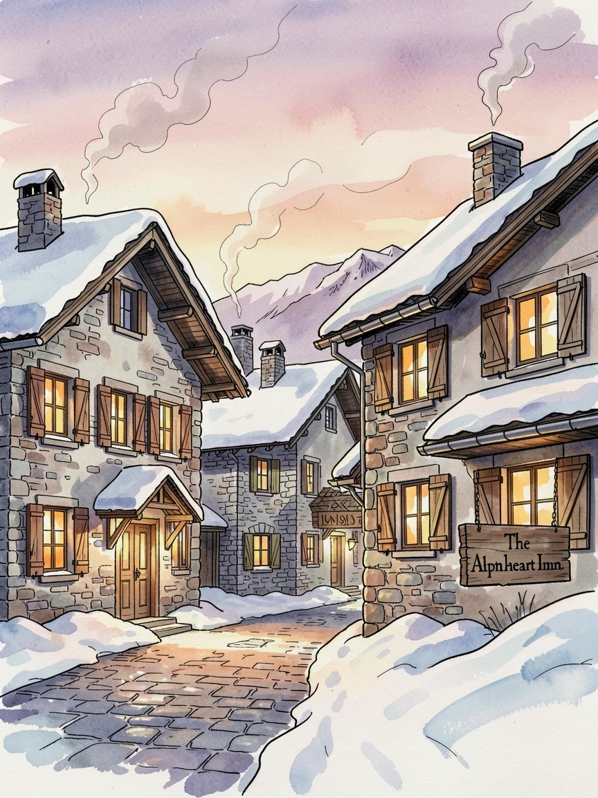 A snow-covered alpine village glowing with warm window light at dusk, warm afternoon light settling over the weathered stone and rooftops.