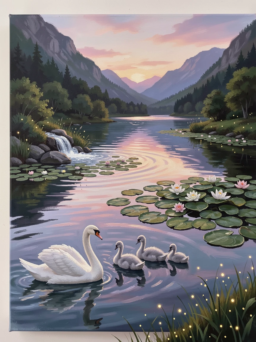 A chain of interconnected lakes fed by a mountain stream, a family of swans gliding across the still surface, with lily pads scattered across the surface near the shore, on a calm summer evening, fireflies rising from the banks.