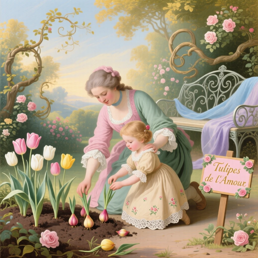 A gardener teaching a child how to plant tulip bulbs  