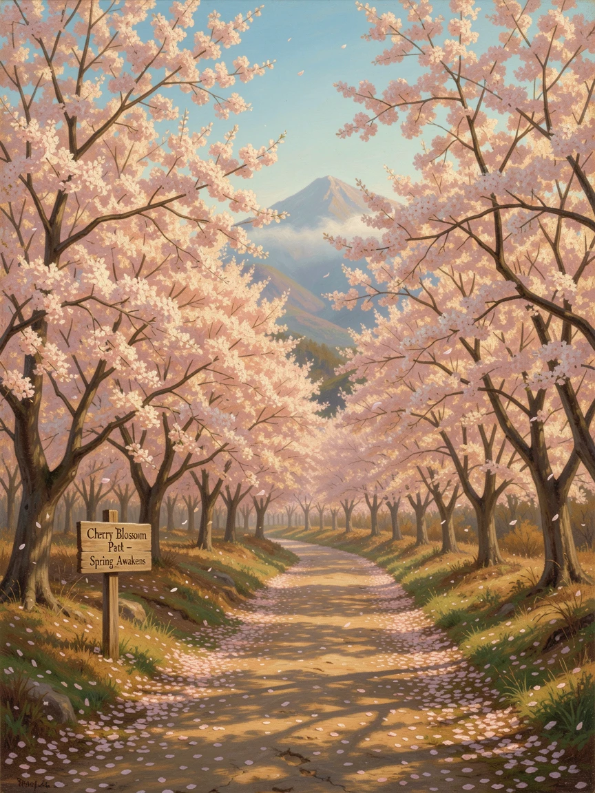 Cherry blossoms bloom along a quiet path as spring arrives.