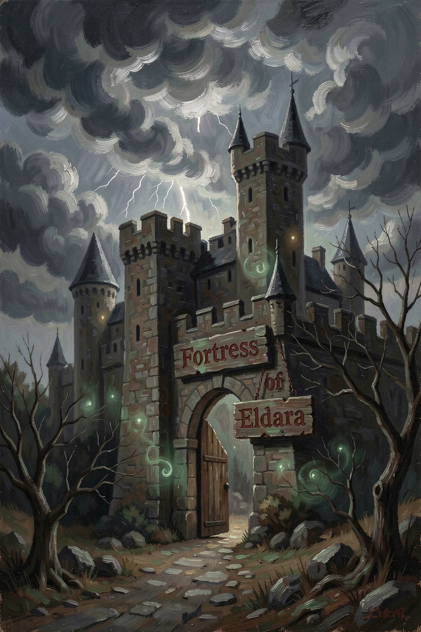 A dark castle silhouetted against a sky filled with swirling storm clouds, as glowing magical elements illuminate the surrounding darkness, designed to captivate the imagination while feeling grounded in realism