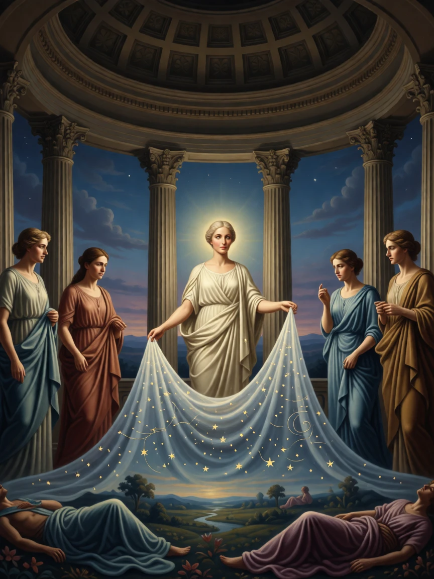The allegory of Night drawing her starry veil across a sleeping world in a moment charged with timeless symbolic meaning, set within a classical temple open to the heavens, with allegorical attendants representing virtues gathered nearby; radiating light from the central figure draws every eye inward, filled with quiet reverence for forces greater than ourselves.