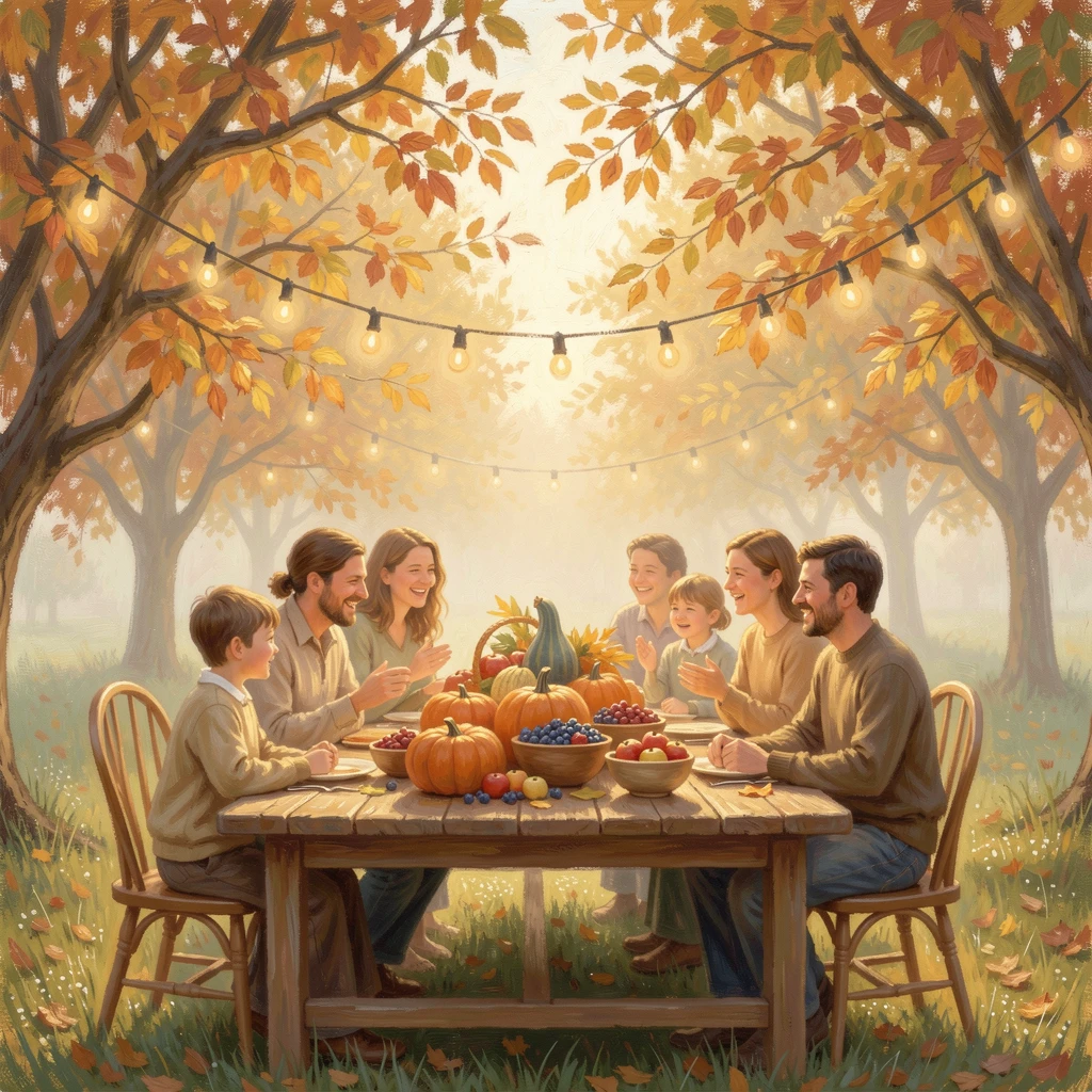 A joyful family gathered around a long harvest table beneath string lights in a golden autumn orchard, in the gentle hush of early morning, radiating serenity and gentle stillness.