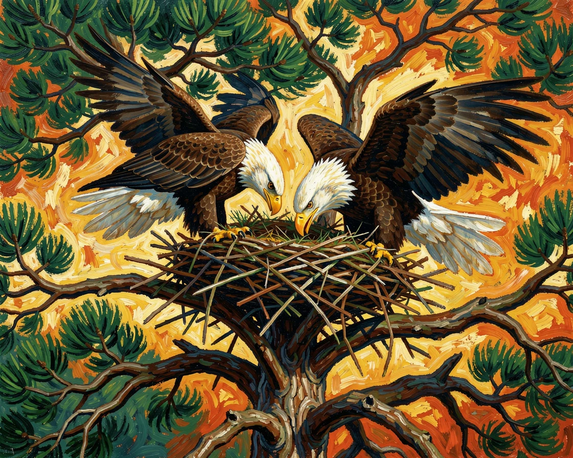A pair of bald eagles building a nest high in the branches of an old pine.