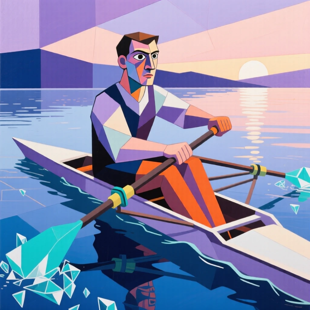 A rower gliding solo across a glassy lake at first light.