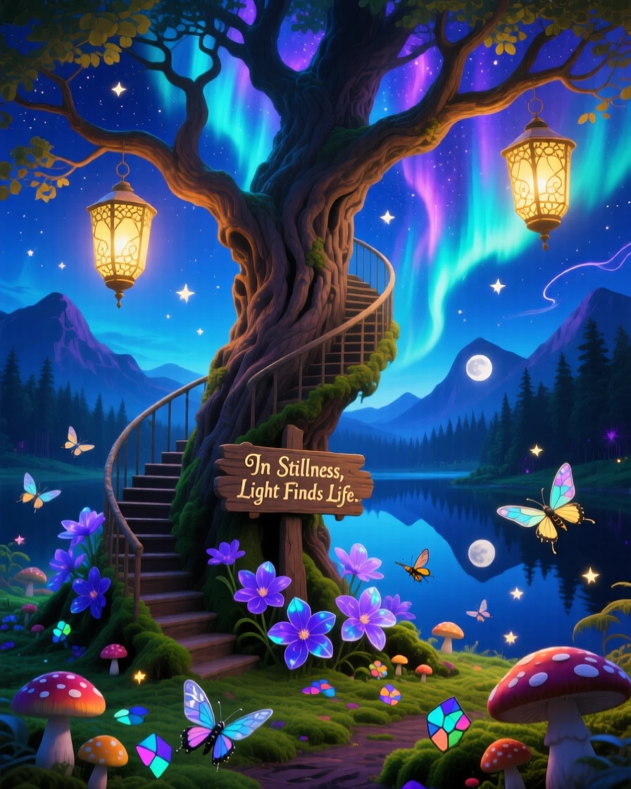 A tree whose branches end in small glowing lanterns sways gently though no wind can be felt, as tiny insects drift lazily around its blossoms.
