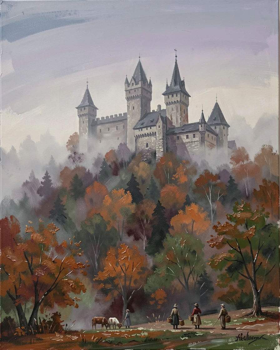 A moody, fog-shrouded Transylvanian castle perches on a forested hilltop, its towers barely visible through swirling autumn mist, distant figures going about their day, lending the scene a sense of genuine daily life.