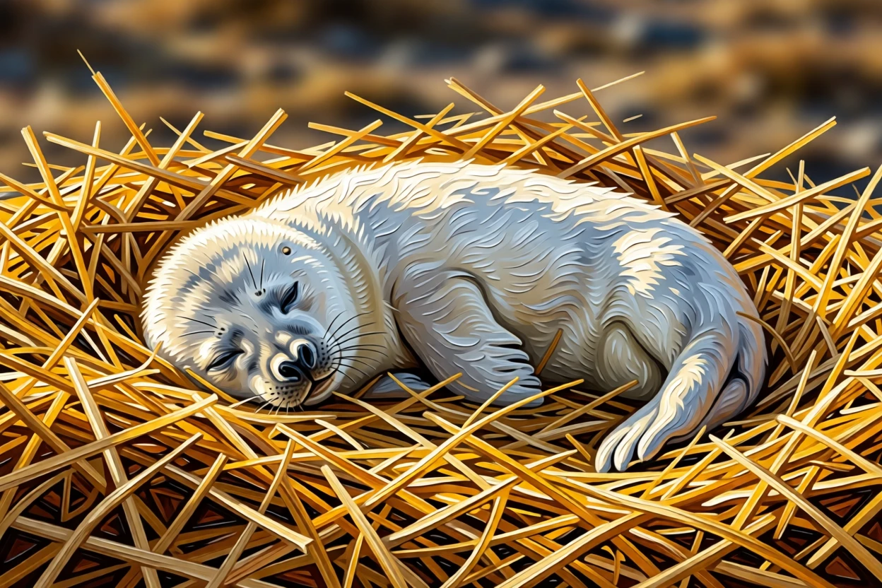 A heartwarming photo of a baby seal pup napping in a soft bed of straw in warm afternoon light