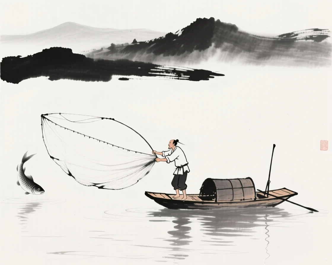A fisherman casts a wide net from a small wooden boat, with mountains fading into the haze beyond the water.