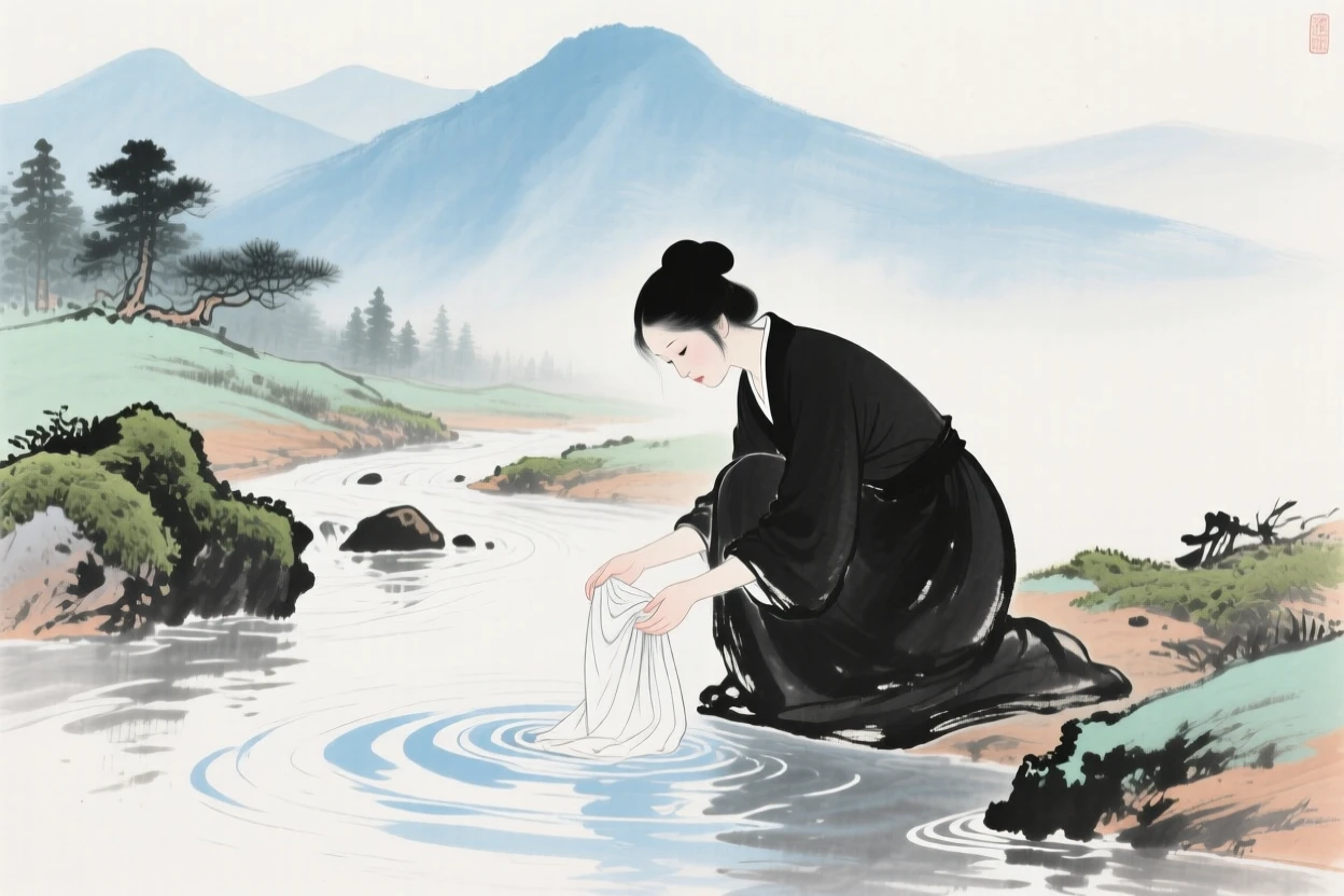 A woman washing silk in a clear mountain stream, touched with gentle melancholy.