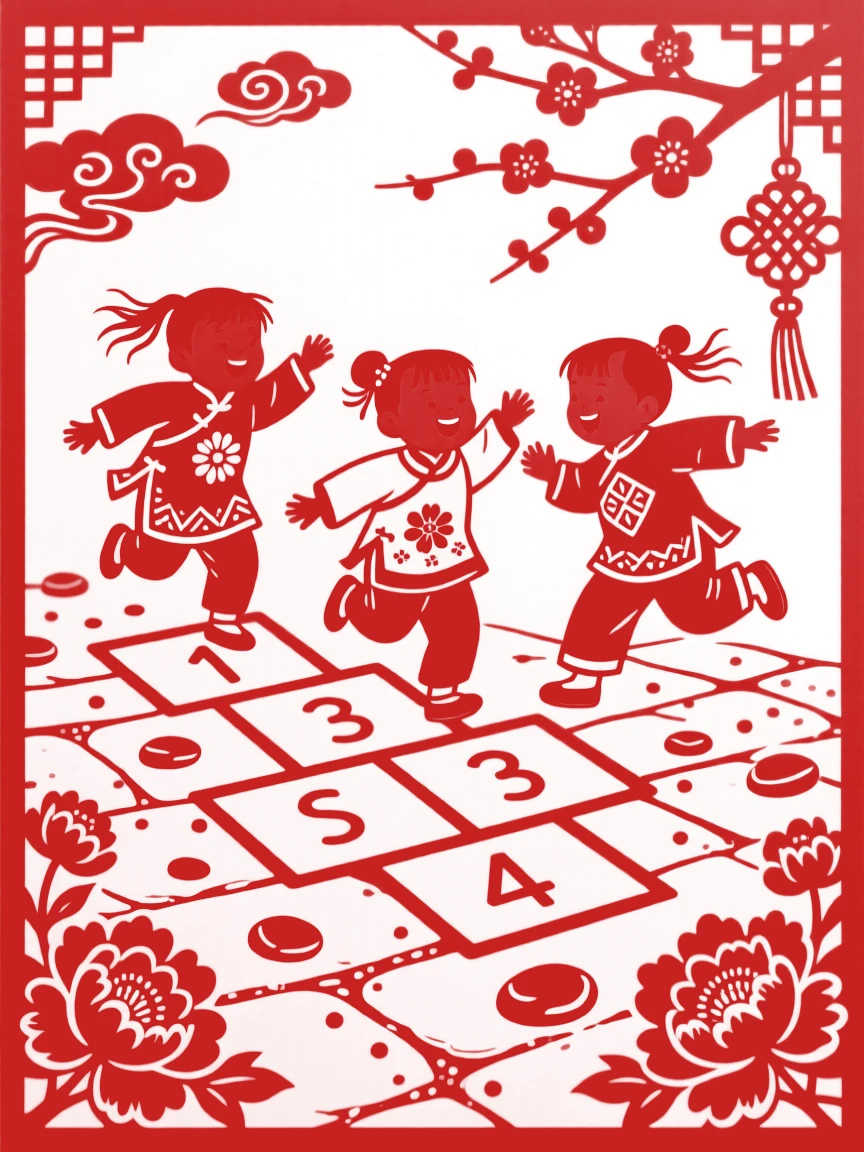 Children playing hopscotch on a stone courtyard, chalk lines and pebbles scattered across the ground
