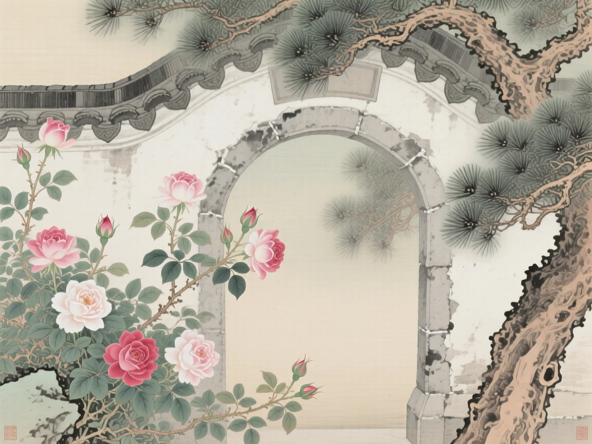 Roses climbing an old stone archway beneath the shade of an ancient pine tree