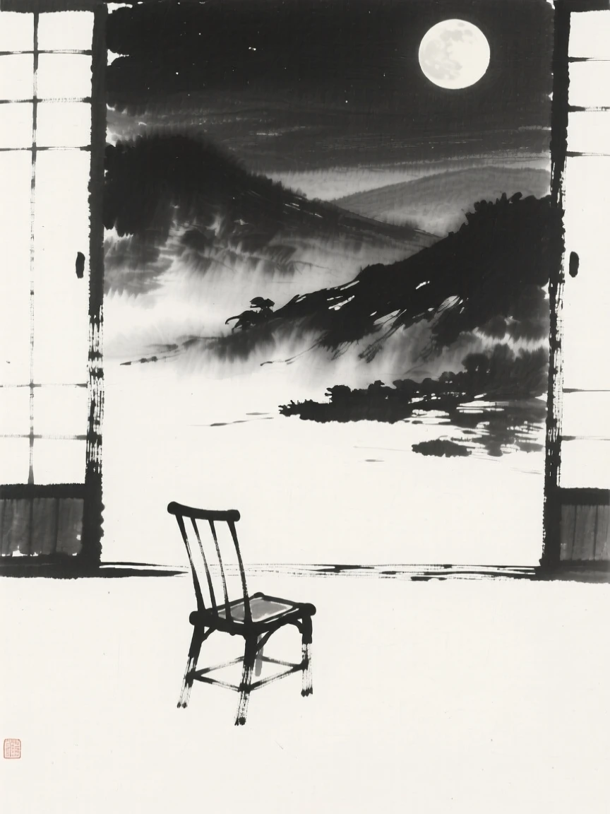 A quiet moonlit courtyard with a single chair as mist slowly lifts from the valley, composed with vast open space to emphasize solitude, suggesting quiet longing and gentle stillness.