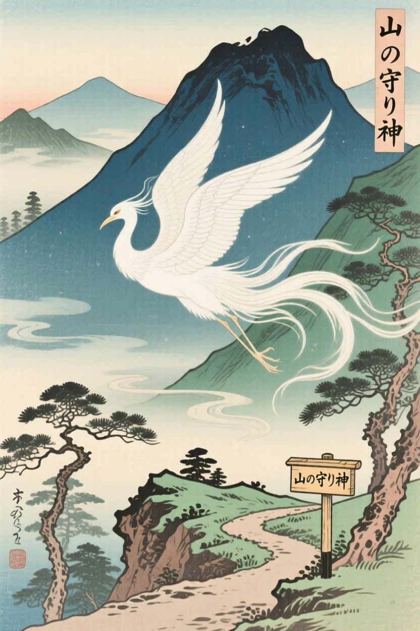 A watching mountain spirit shimmering mid-flight in white feathers.