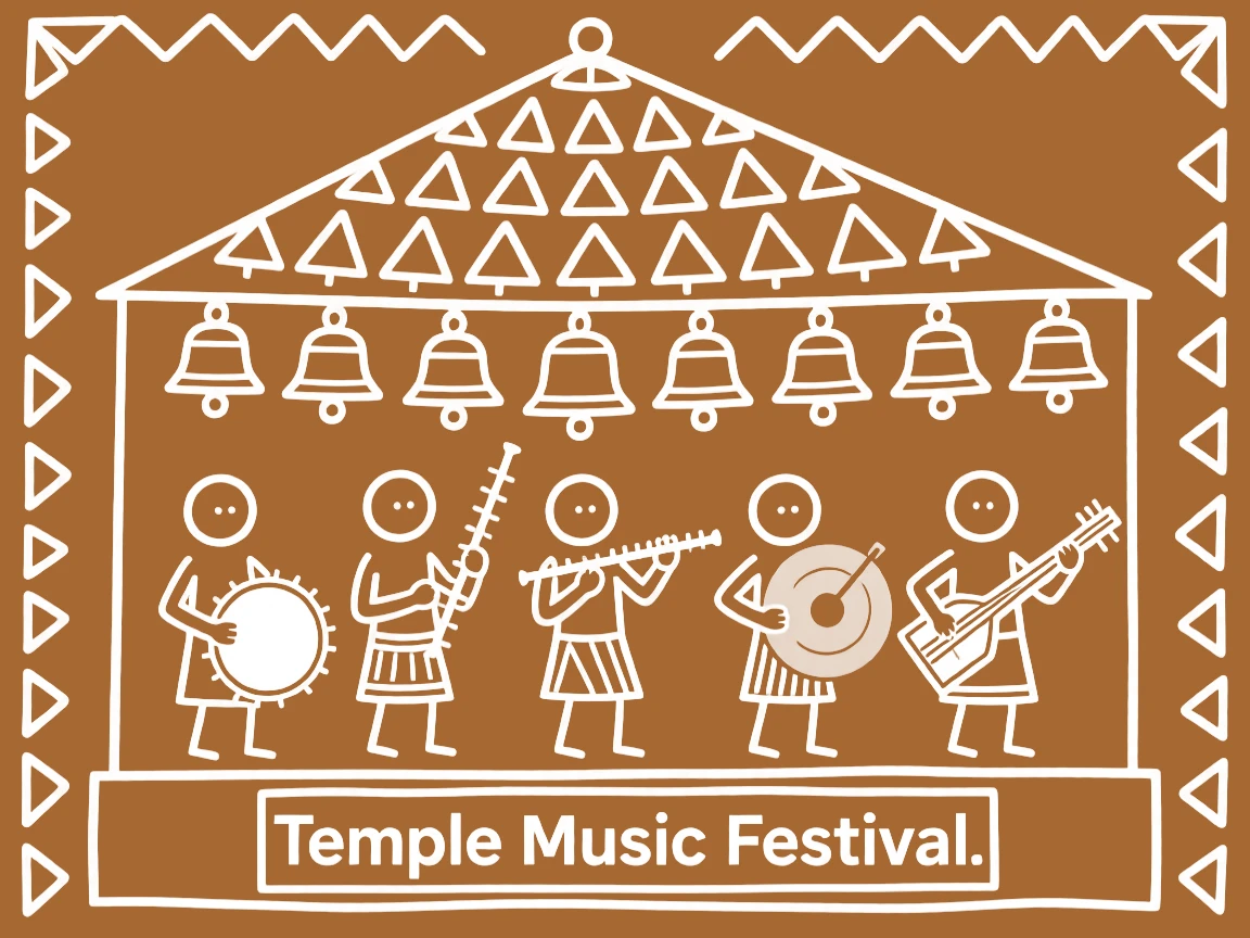 A group of temple musicians beneath a canopy of temple bells.