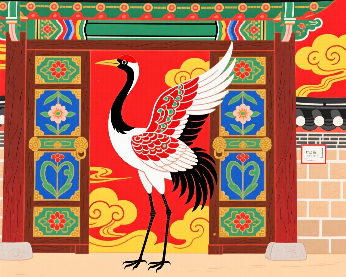 A powerful depiction of a red-crowned crane guarding the entrance to a hidden palace.