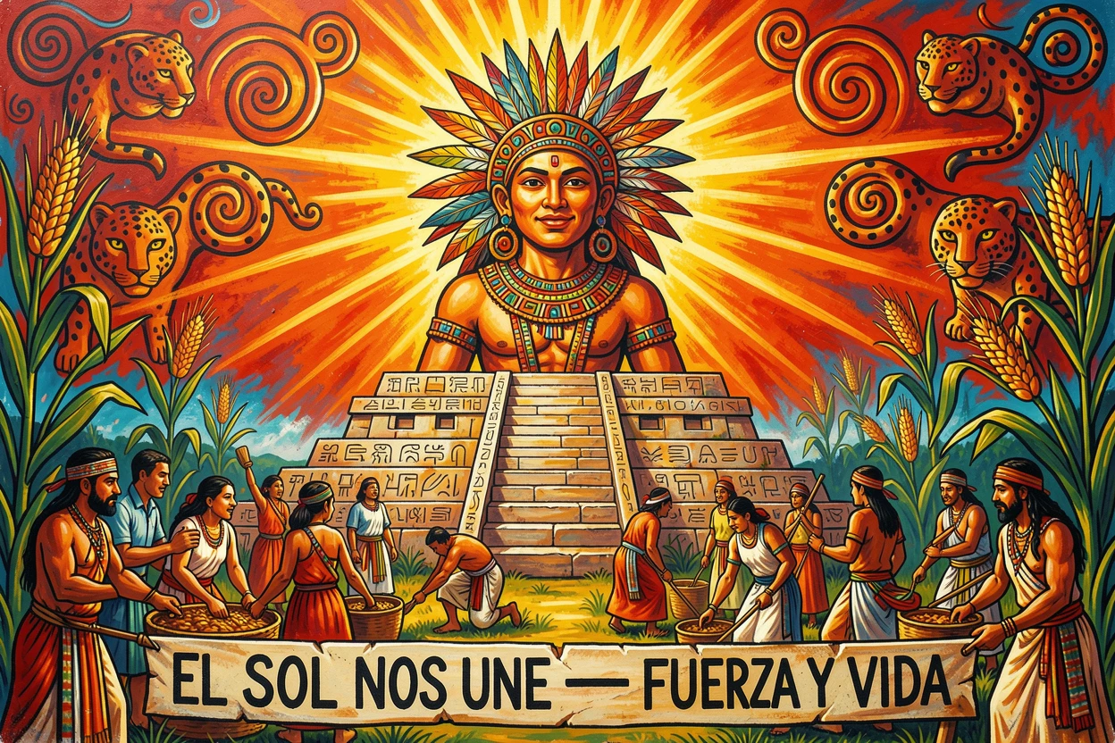 A legendary sun god rising over an ancient temple