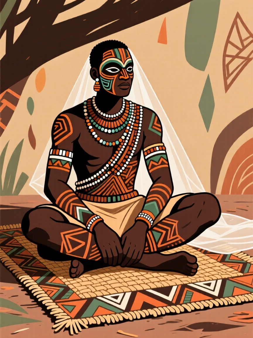 A newlywed groom sitting on a woven mat in the shade.