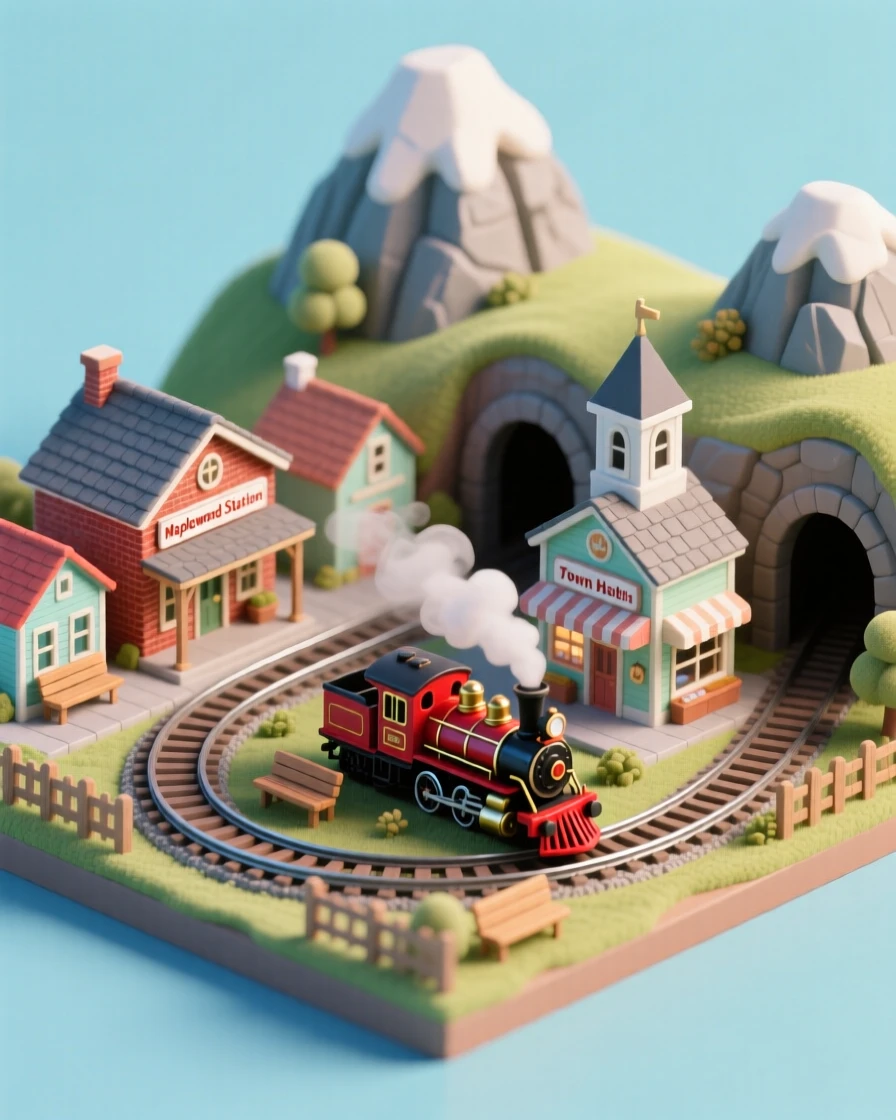 A model train enthusiast's basement layout with tiny towns, tunnels through foam mountains, and a train chugging around the loop.