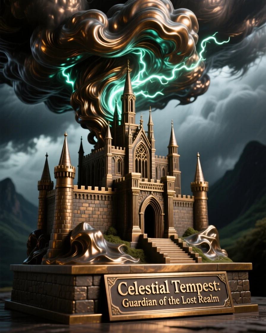A magical storm gathering above an ancient citadel, glowing with magical, luminous light, transporting the viewer to another world