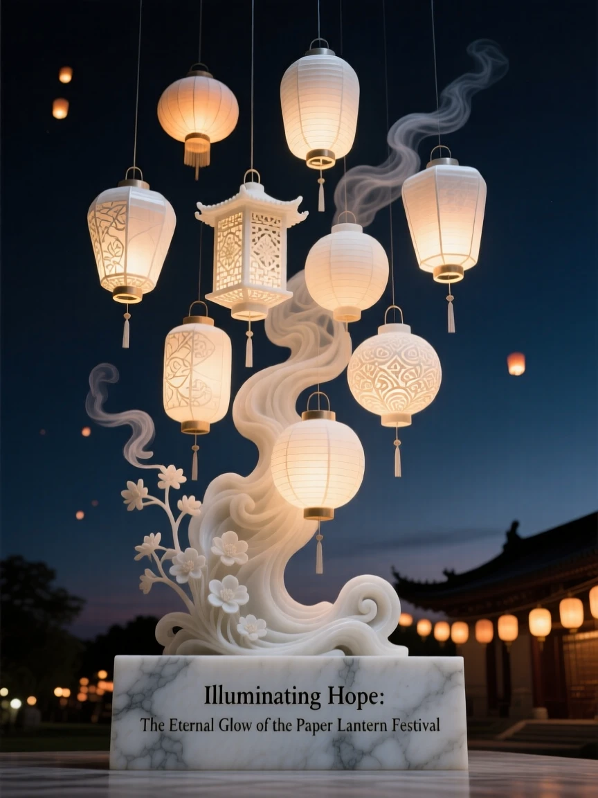 An evocative depiction of a paper lantern festival lighting up the night sky, surrounded by soft, glowing light, balancing detail with emotional depth