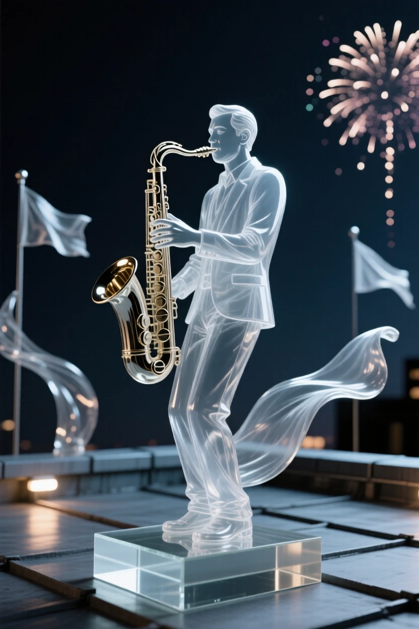 A jazz musician playing saxophone on a rooftop at night as a gentle breeze stirs the surrounding fabric and flags, while distant fireworks light up the night sky