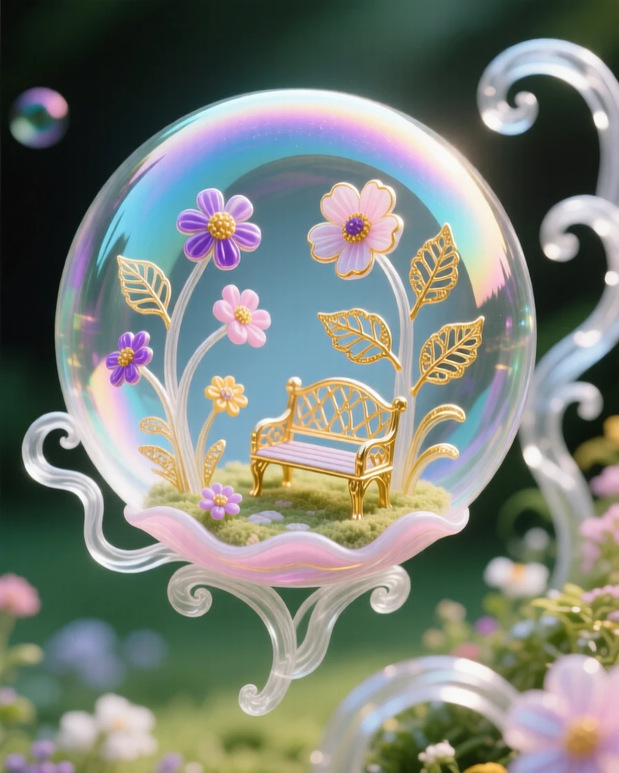 A tiny world contained within a glowing soap bubble drifting through a garden, delicate and whimsical.