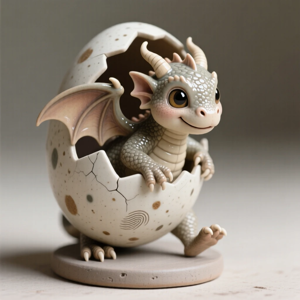A tiny baby dragon hatching from a speckled egg caught mid-wobble in a first clumsy step, its tiny features rendered with heartwarming charm, stirring an overwhelming urge to smile.