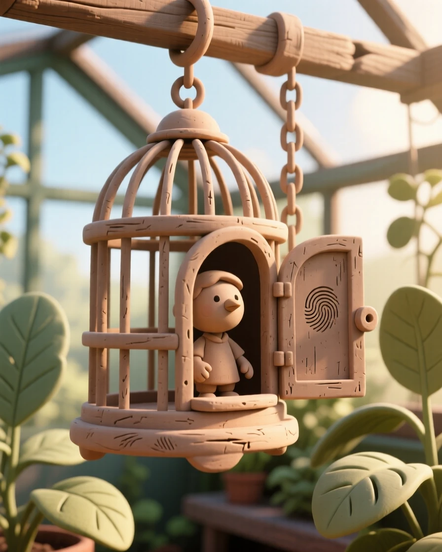 An antique birdcage hanging open in a sunlit greenhouse