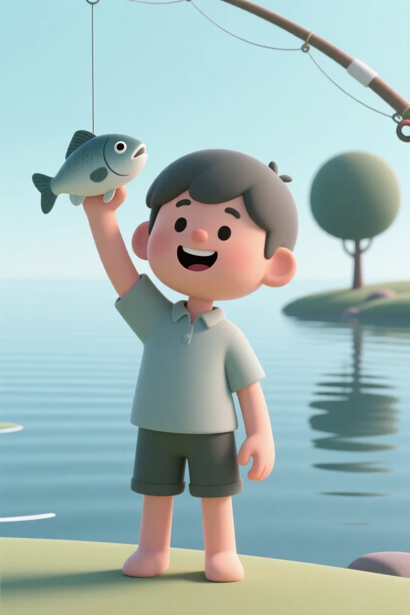 A proud boy holds up a fish he just caught, grin stretching ear to ear beside a calm lake.