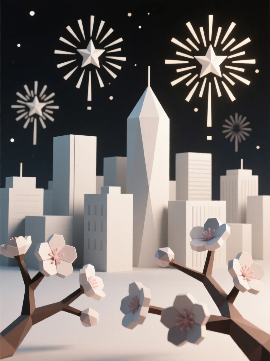 A vibrant fireworks display bursting over a city skyline, beneath blooming cherry blossoms. soft light and gentle shadows add depth to the scene. The scene feels warm and celebratory.
