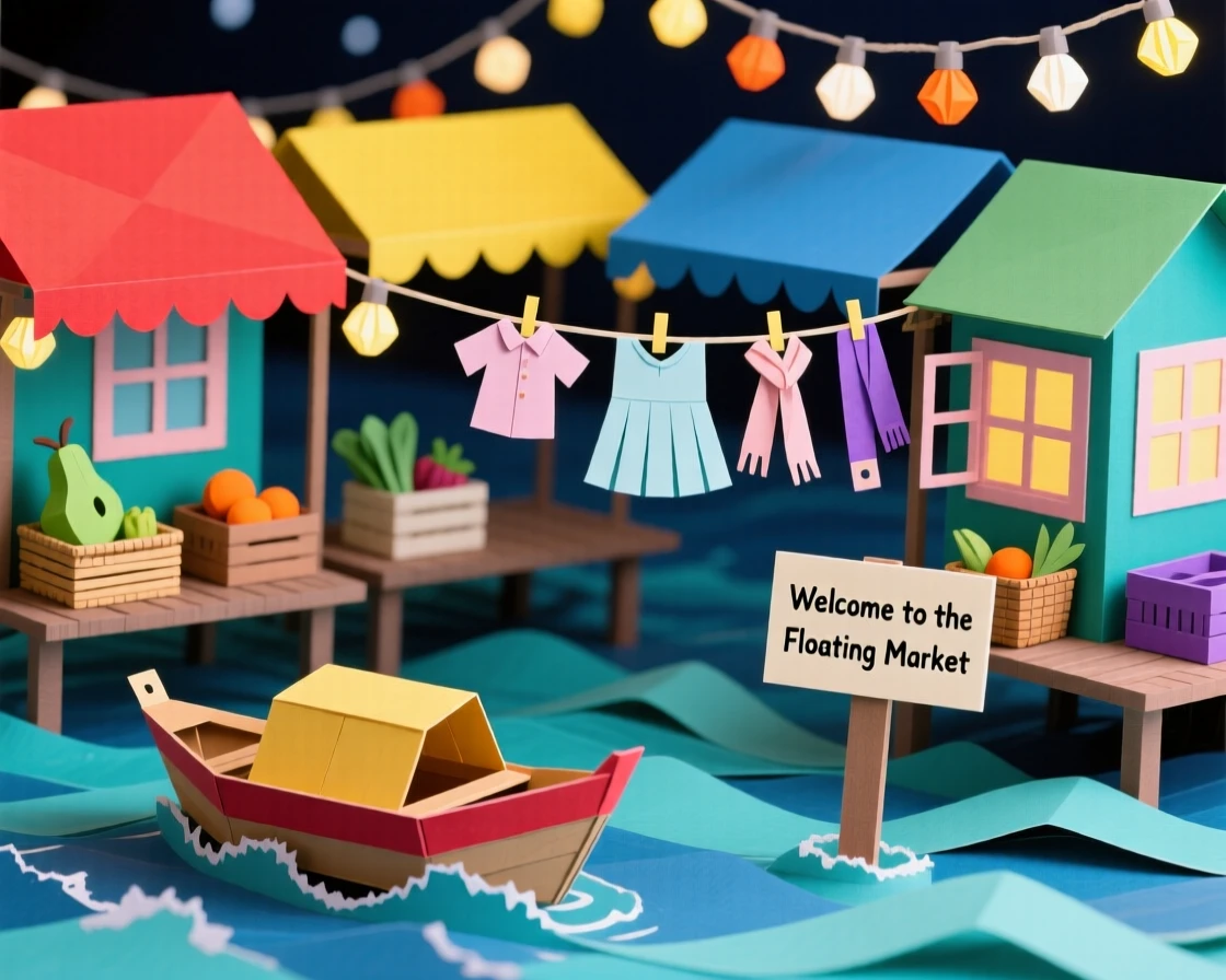 A colorful floating market illuminated by string lights after dark, with laundry lines strung between windows, evoking wanderlust and cultural charm.