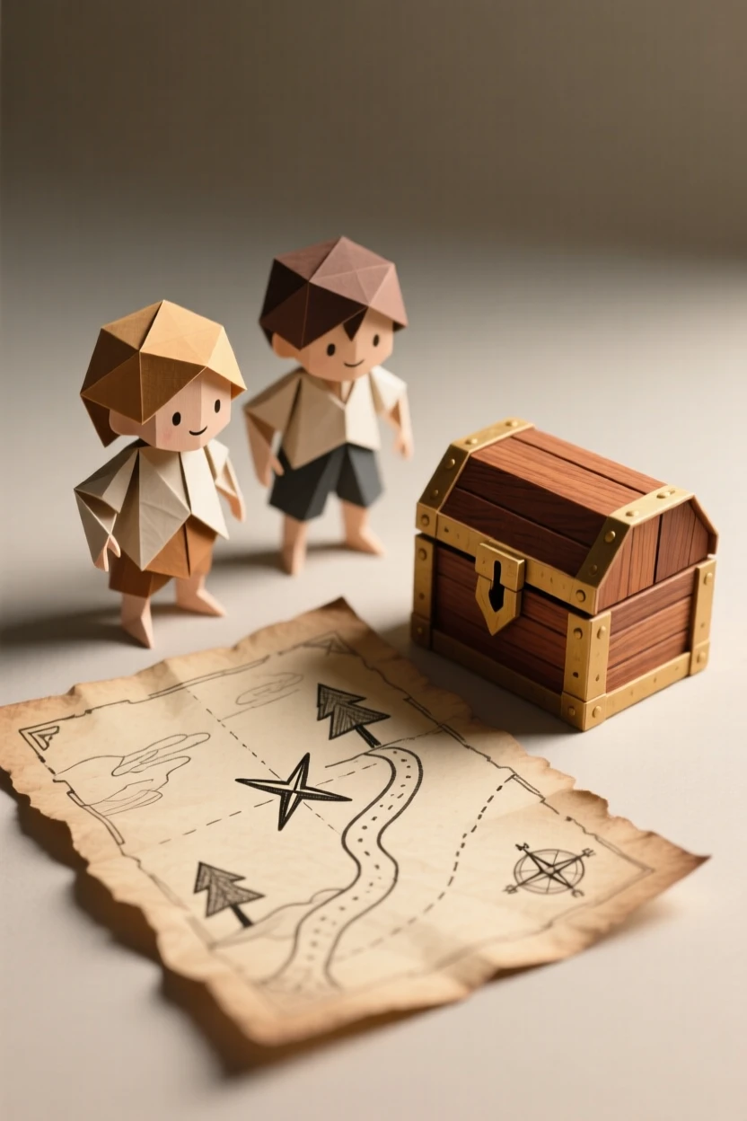 A child's treasure hunt scene with a hand-drawn map and a small wooden chest.