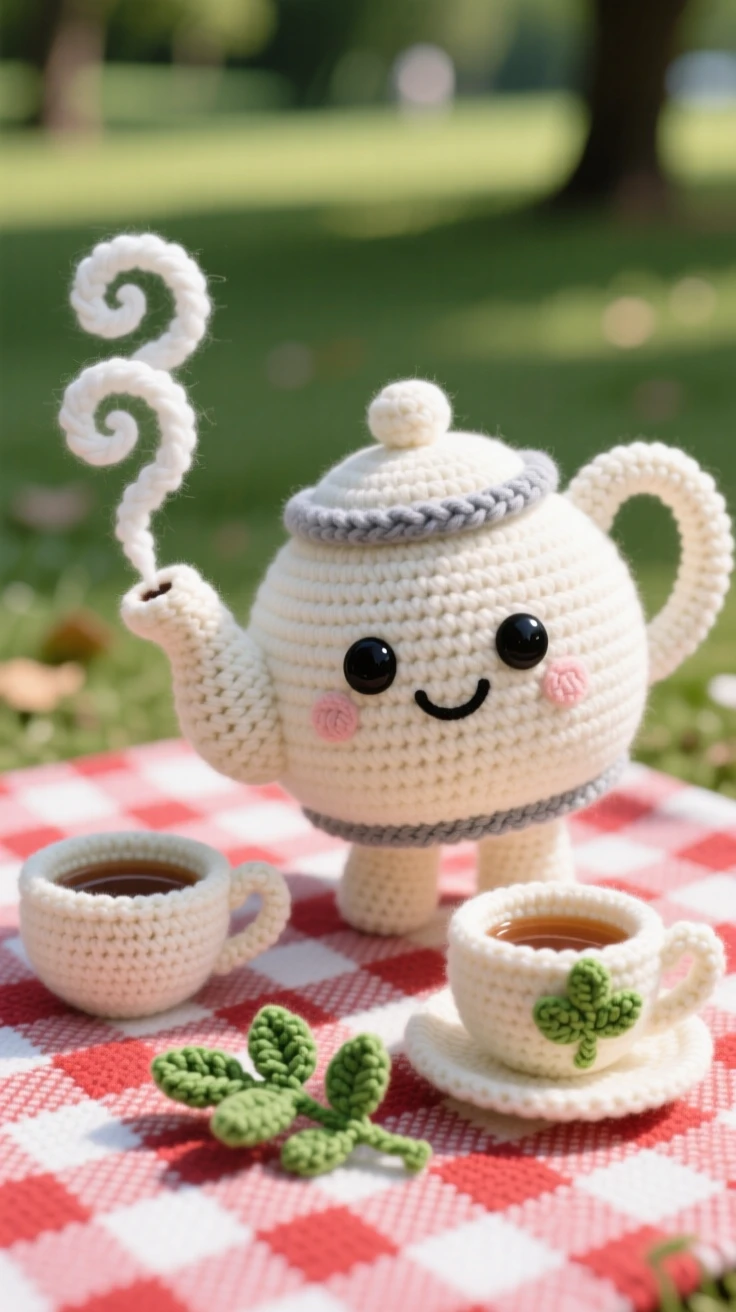 a smiling teapot character, with steam curling from its spout, is shown pouring tea into a waiting cup on a checkered picnic blanket in a park beside a sprig of fresh herbs as garnish, capturing a cozy sense of shared treats.