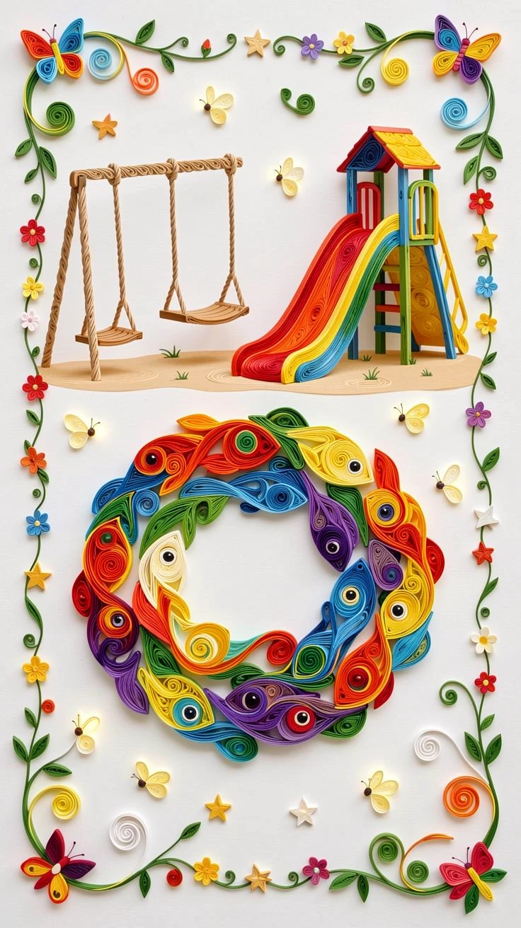 A whimsical children's scene of a school of rainbow fish swimming in a circle on a sunny playground with swings and slides, with tiny glowing fireflies scattered about, framed with charming small details scattered throughout.