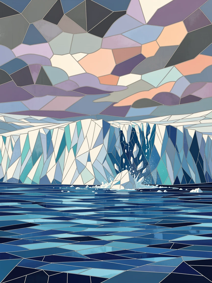 A wide panoramic view of a glacier calving into deep blue arctic waters, with dramatic clouds and rich natural color.
