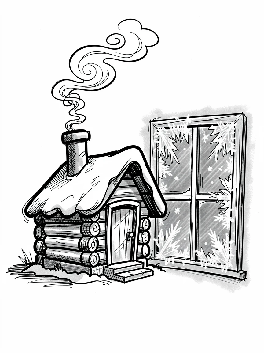 A cozy cabin with smoke curling from its chimney beside a frosty windowpane.
