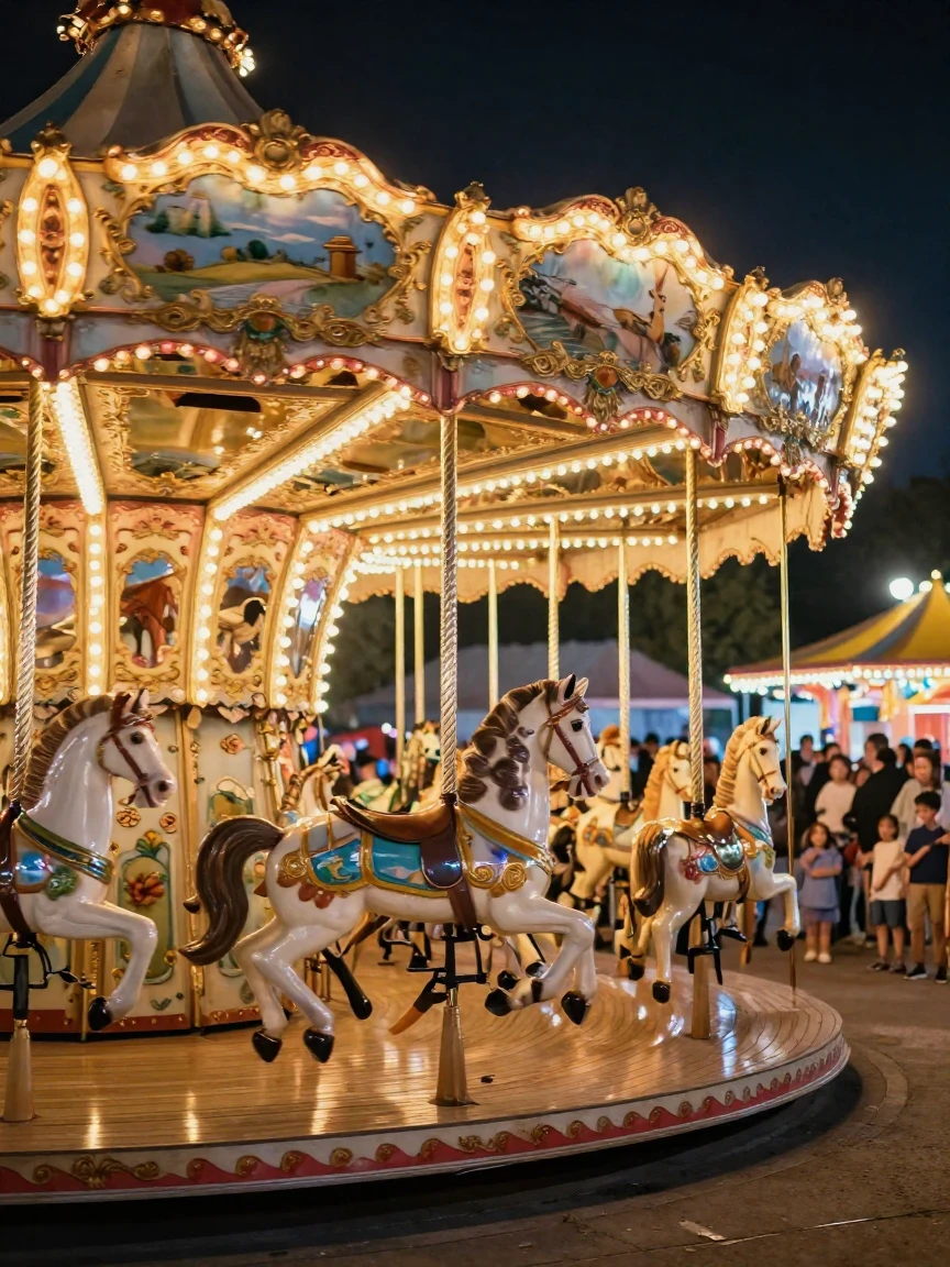 A carousel spinning brightly lit at a night fair