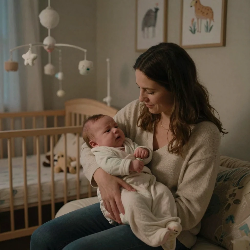 A mother rocks a fussy baby to sleep while humming softly in a dim nursery.