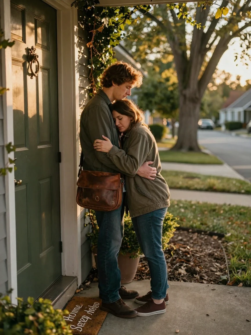 A lonely commuter reuniting after a long time apart on a quiet neighborhood doorstep