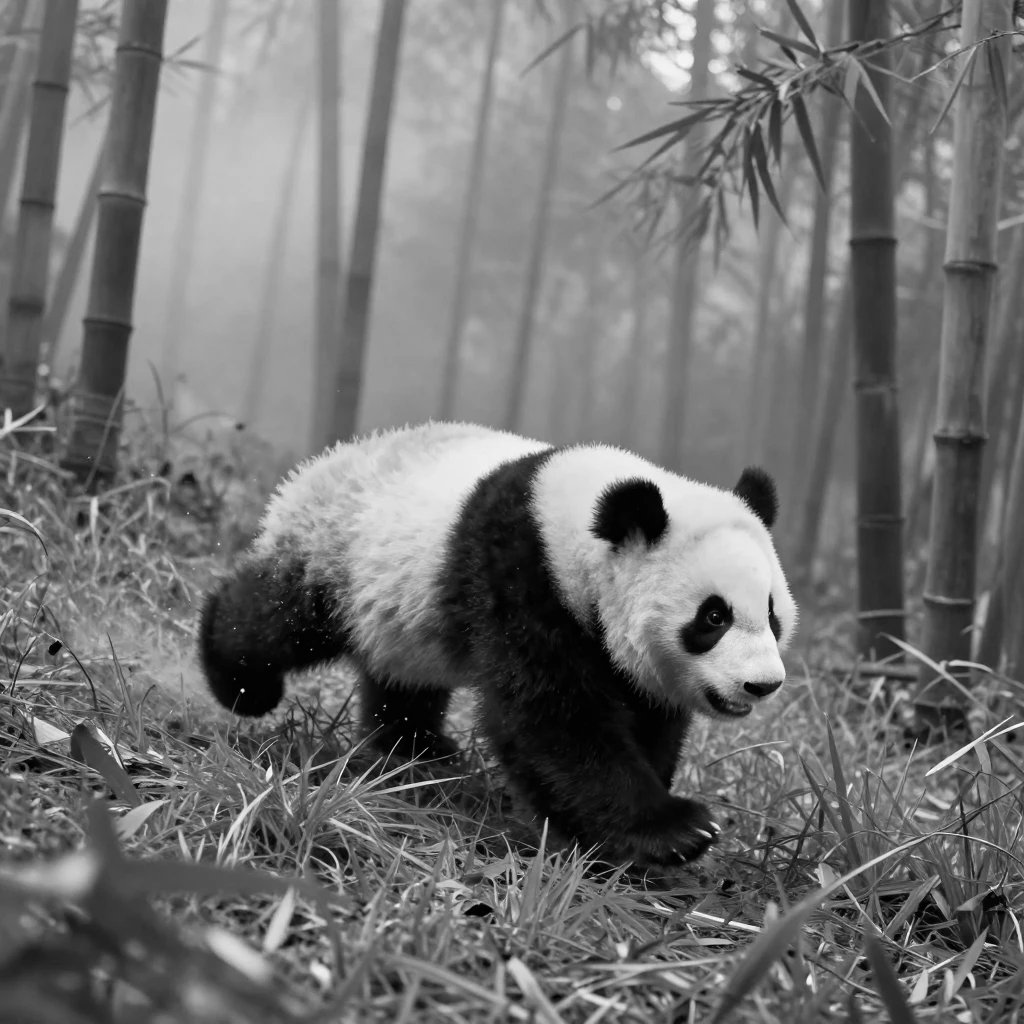 A panda cub tumbles playfully down a grassy slope in a misty bamboo forest.