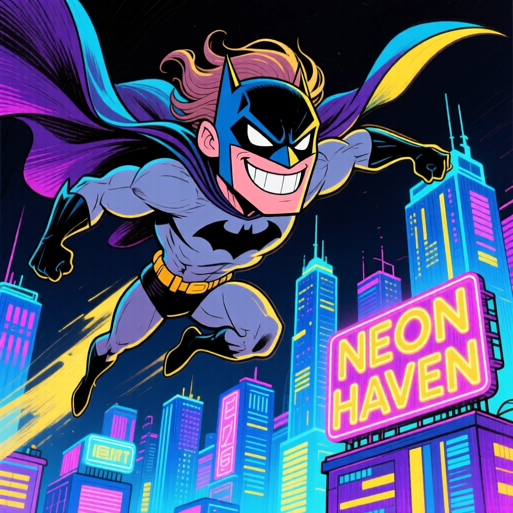 A masked superhero-inspired fantasy figure soaring above a glowing futuristic city skyline.