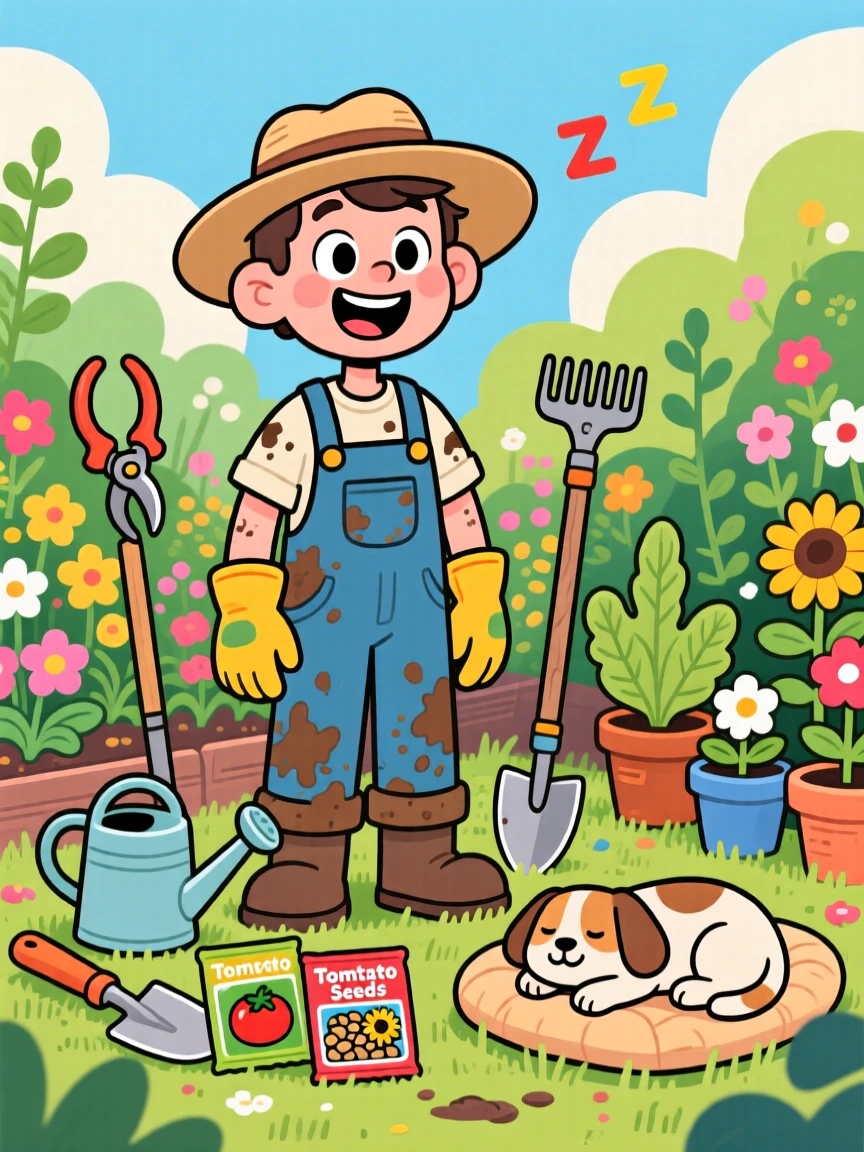 An everyday-life snapshot of a devoted gardener, surrounded by all the tools of their craft, with a contented pet dozing close by.