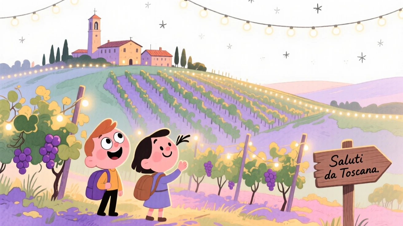 A dreamy travel postcard scene of a hillside vineyard in Tuscany glowing under twinkling evening lights