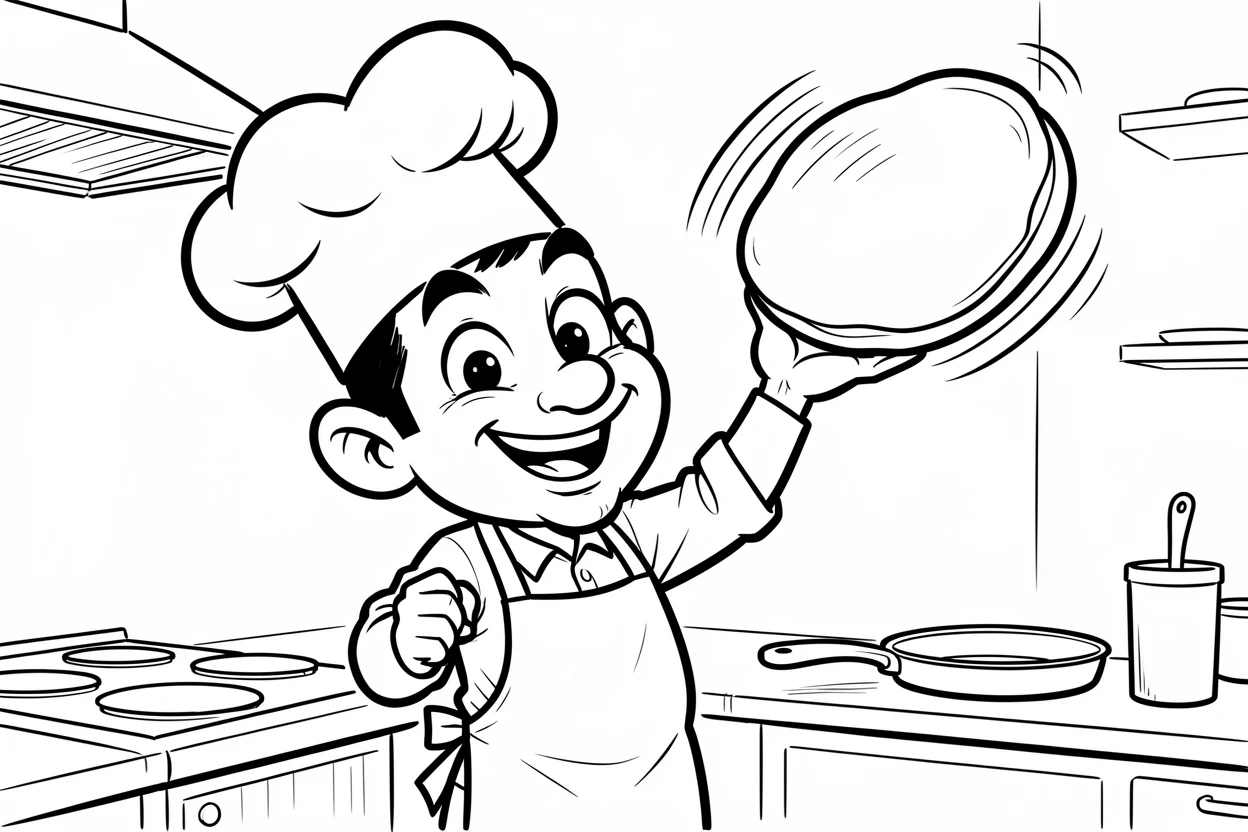 [Trending & Universal Topics] Modern lifestyle scene of a home chef flipping a pancake high in the air with confidence, capturing everyday joy