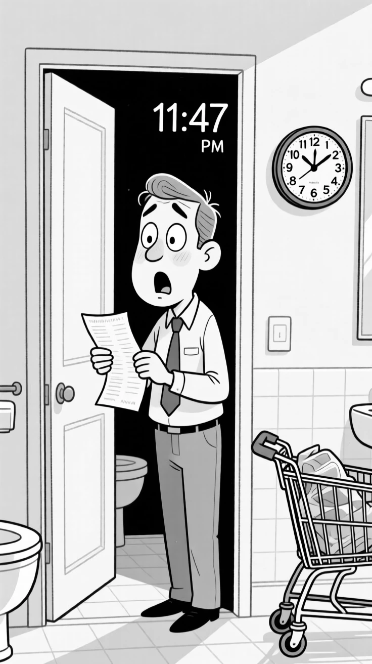 A person doing an enormous double-take at a grocery receipt, wincing with every single squeak of the wheel, set in a bathroom doorway. A clock on the wall reads an alarmingly late hour. It's the kind of relatable blunder everyone secretly recognizes.
