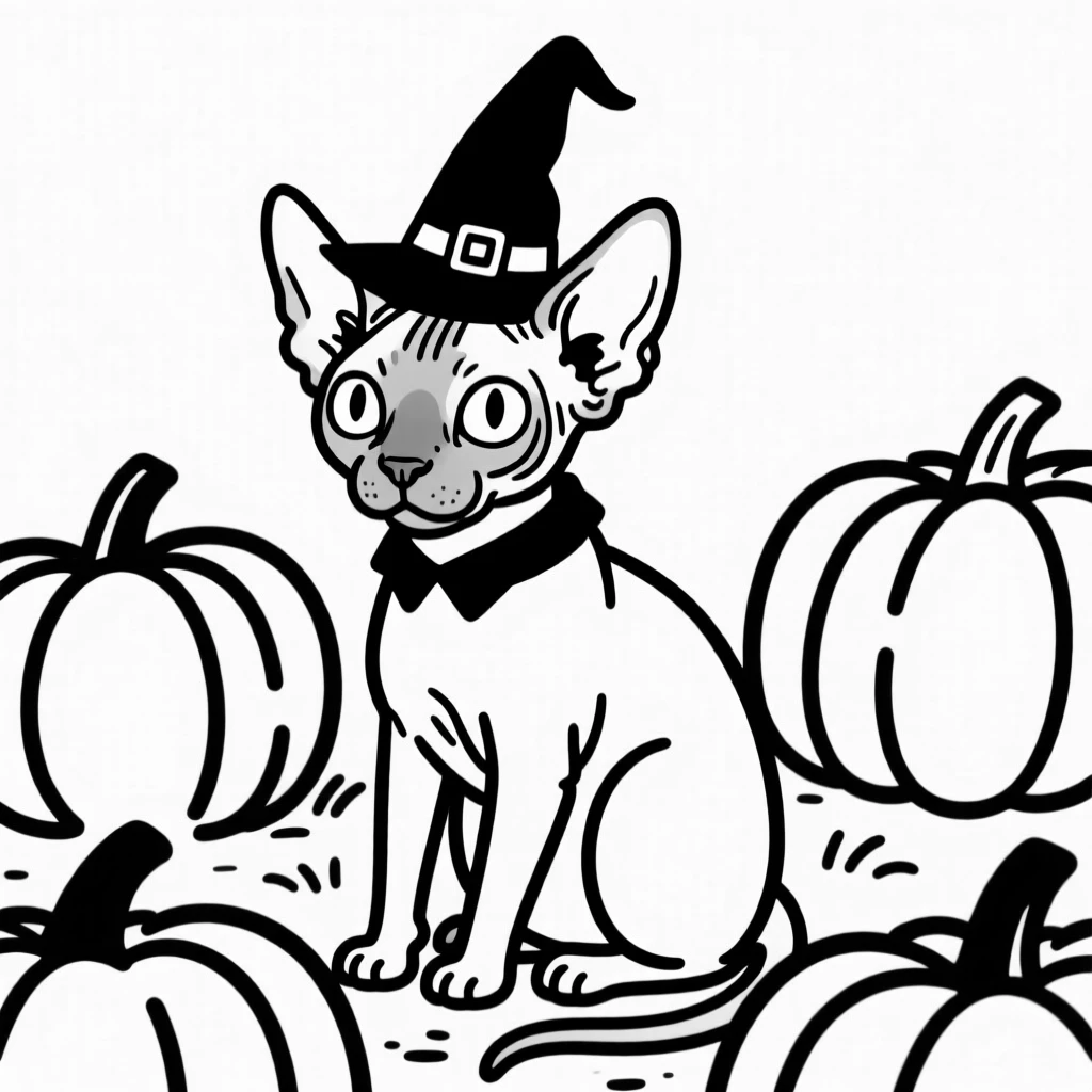 A sphynx cat dressed as a tiny witch or wizard for Halloween, sitting in a pumpkin patch.