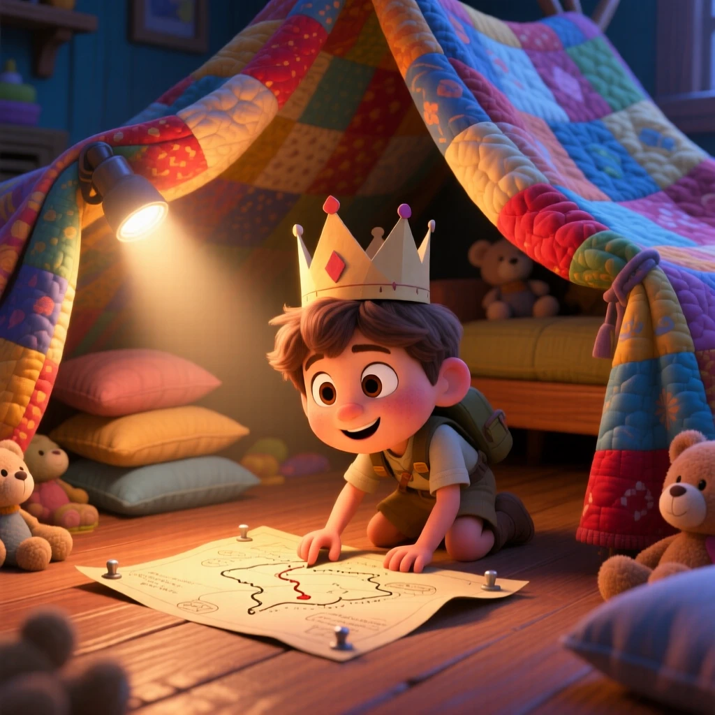 A young explorer following a hand-drawn treasure map takes place inside a blanket fort glowing with a flashlight, with a paper crown perched slightly crooked. A lighthearted sense of discovery colors the moment.